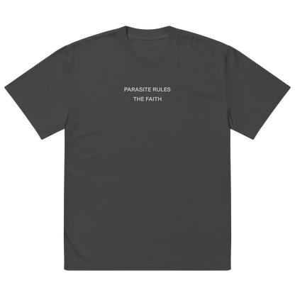 Oversized unisex T-shirt by NECROBLEND — signal fragment from The Unspoken capsule, front view in graphite. A censored imprint carrying a secret message embedded in speculative apparel.