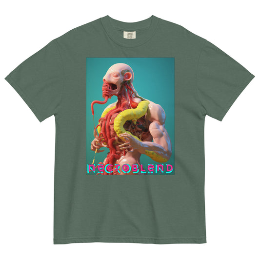Heavyweight unisex flesh parasite tee by NECROBLEND — VIRETH CARNOMORPHAGH from The Culinary Sacrament, front view in olive.