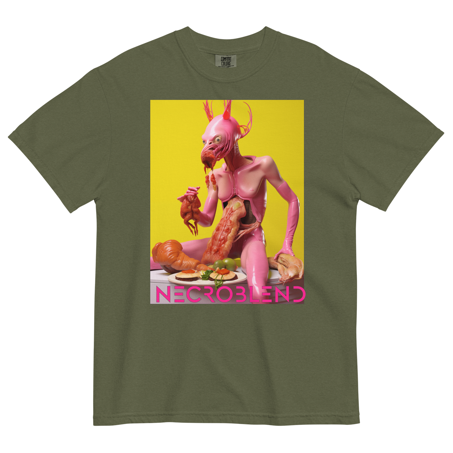Heavyweight unisex flesh simulacrum tee by NECROBLEND — LOVULVORE BELPHAGH from The Culinary Sacrament, front view in olive.