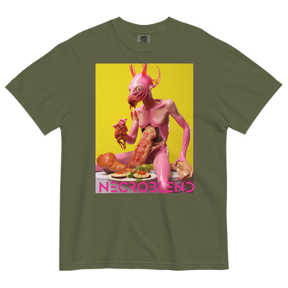 Heavyweight unisex flesh simulacrum tee by NECROBLEND — LOVULVORE BELPHAGH from The Culinary Sacrament, front view in olive.