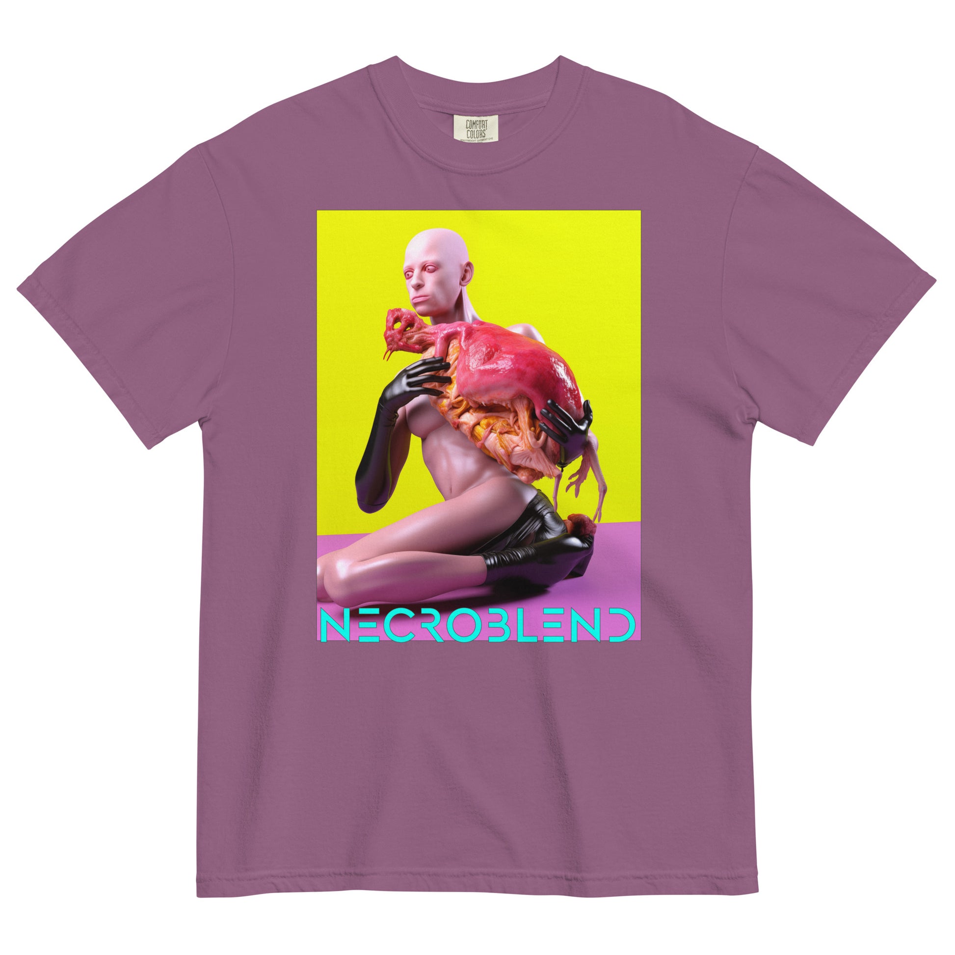 Heavyweight unisex food horror tee by NECROBLEND — OXELT CRURROPHAGH from The Culinary Sacrament, front view in plum.