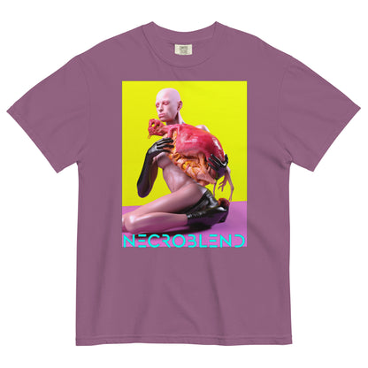 Heavyweight unisex food horror tee by NECROBLEND — OXELT CRURROPHAGH from The Culinary Sacrament, front view in plum.