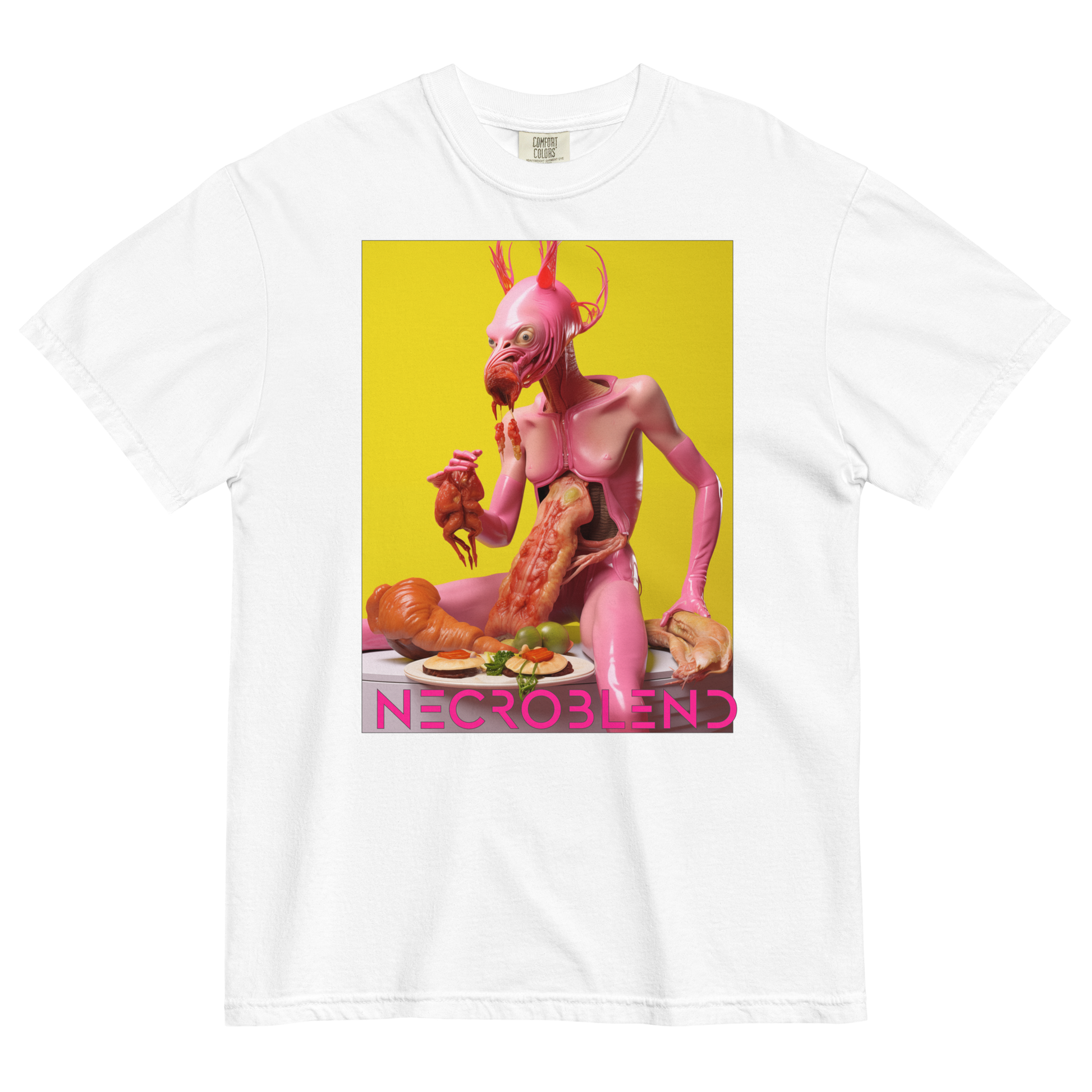 Heavyweight unisex gastric cult shirt by NECROBLEND — LOVULVORE BELPHAGH from The Culinary Sacrament, front view in white.