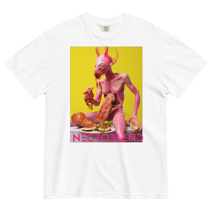 Heavyweight unisex gastric cult shirt by NECROBLEND — LOVULVORE BELPHAGH from The Culinary Sacrament, front view in white.