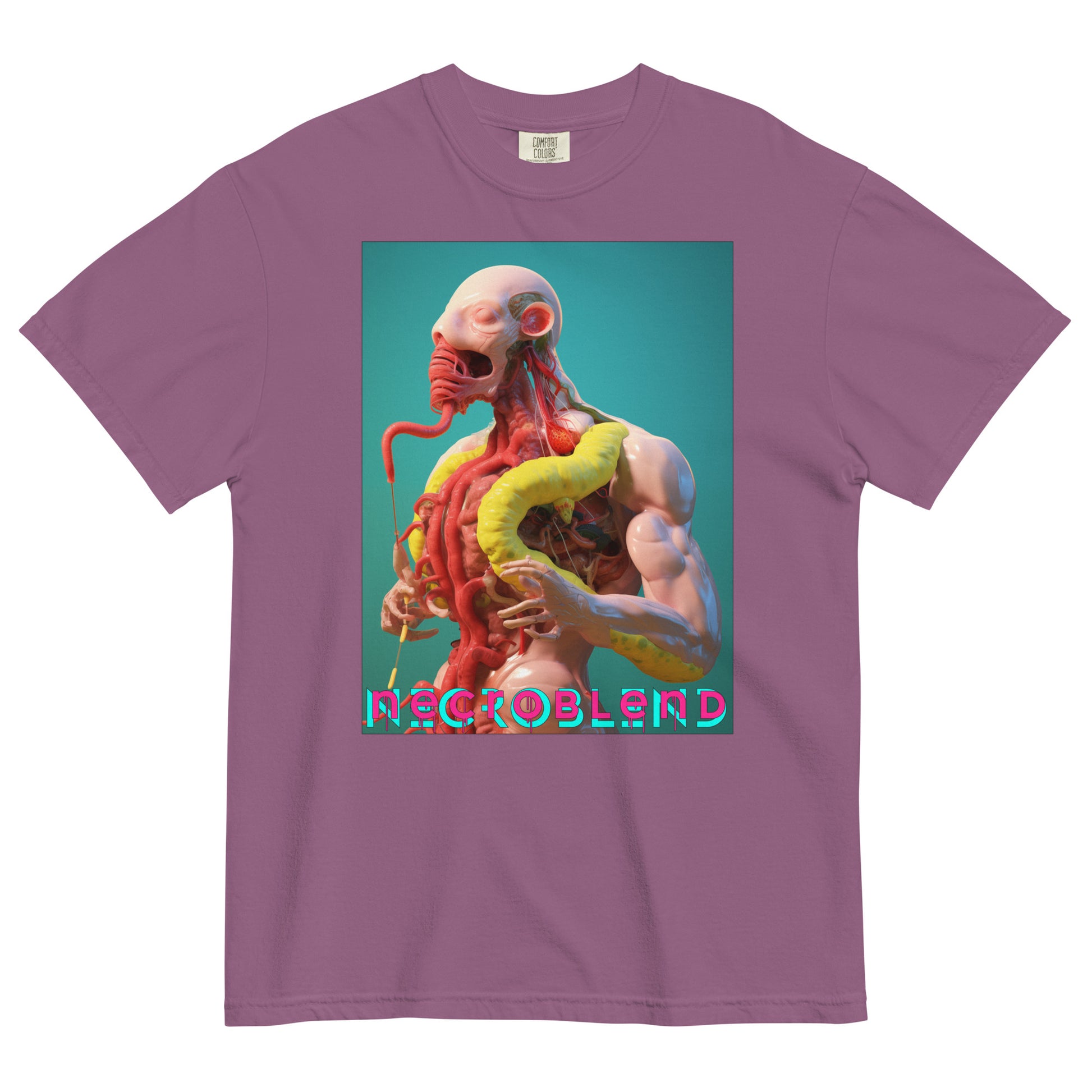 Heavyweight unisex gastromorph horror tee by NECROBLEND — VIRETH CARNOMORPHAGH from The Culinary Sacrament, front view in purple.