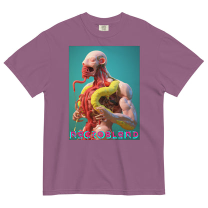 Heavyweight unisex gastromorph horror tee by NECROBLEND — VIRETH CARNOMORPHAGH from The Culinary Sacrament, front view in purple.