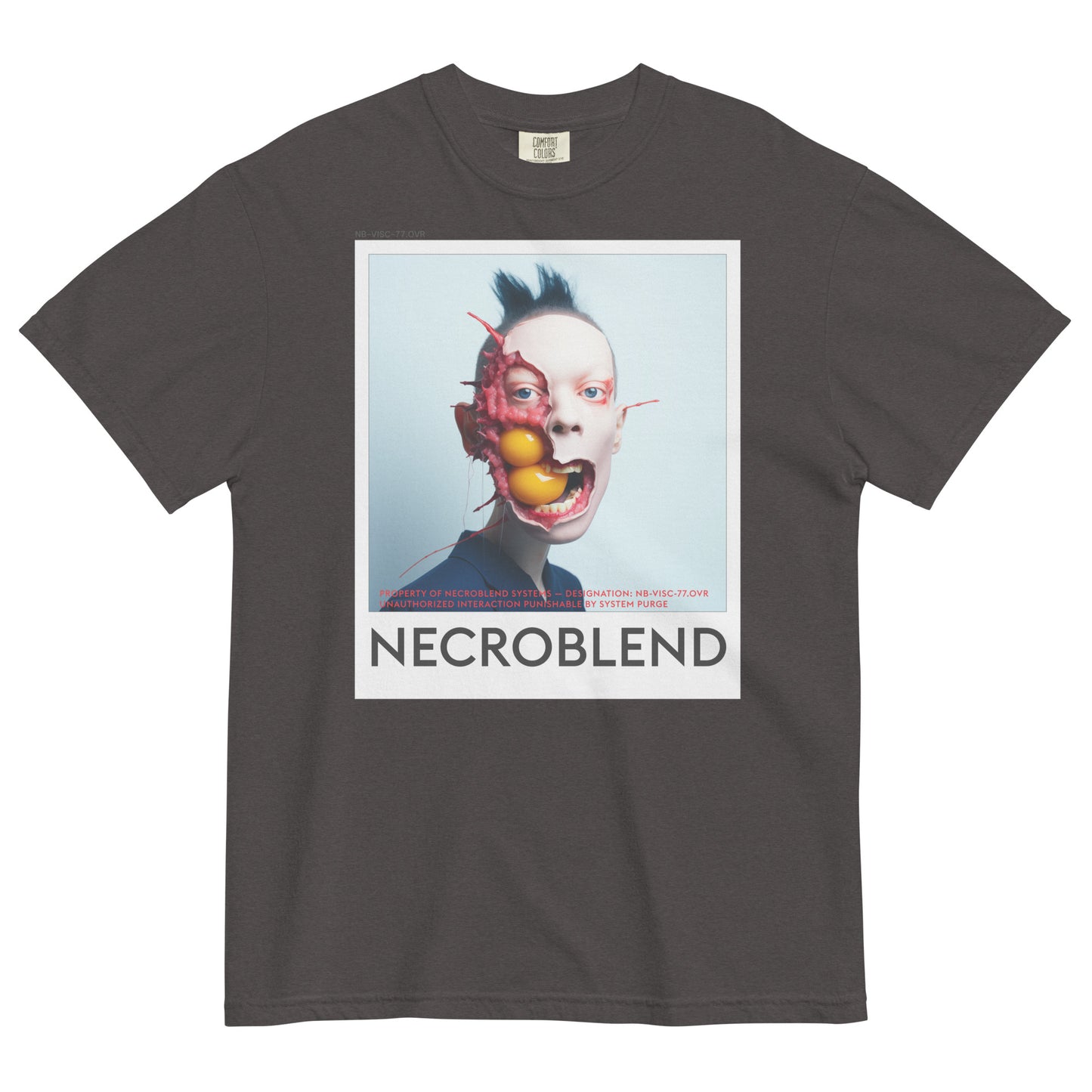Heavyweight unisex genetic simulacrum shirt by NECROBLEND — NB-VISC-77.OVR from Bio Prayers, front view in coal.