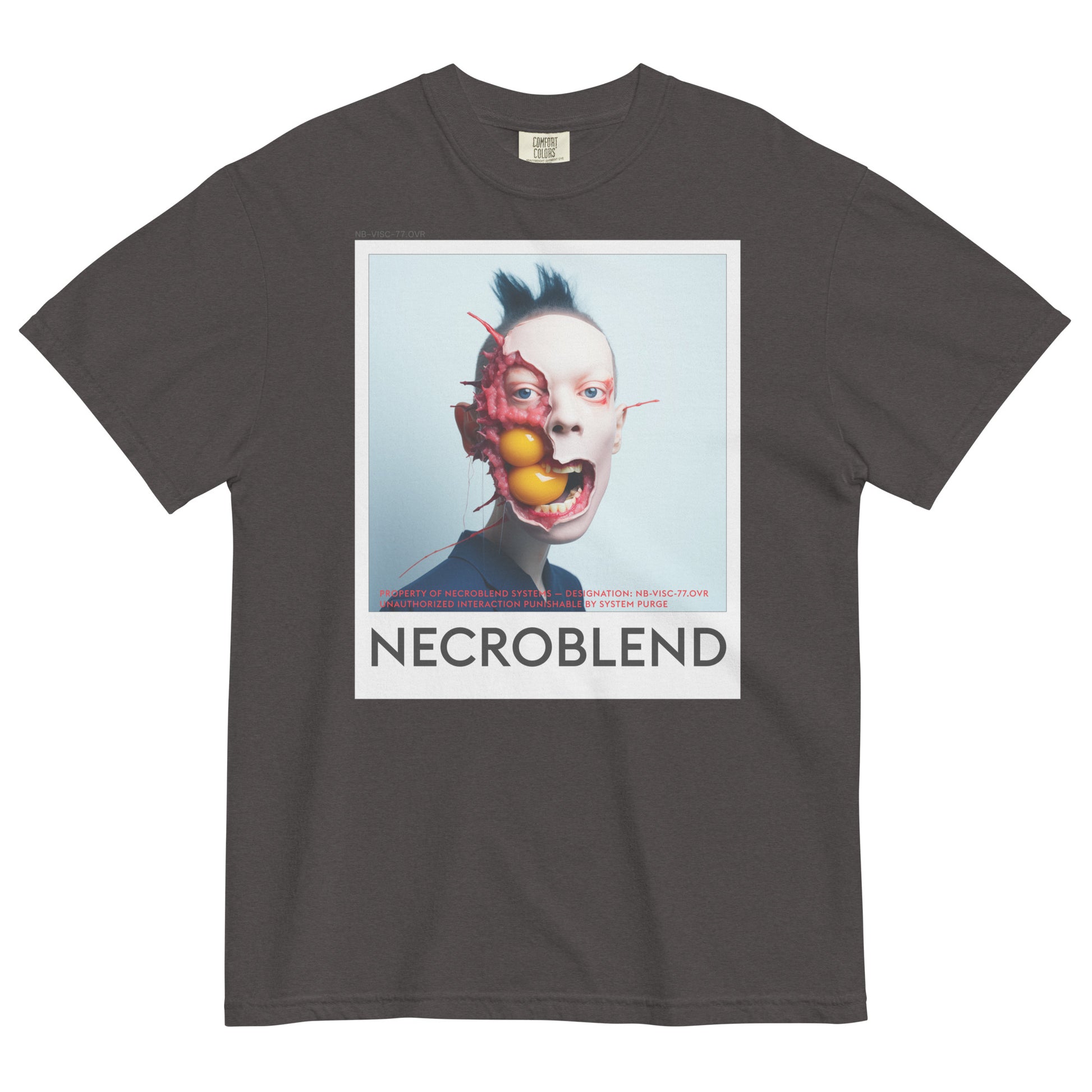 Heavyweight unisex genetic simulacrum shirt by NECROBLEND — NB-VISC-77.OVR from Bio Prayers, front view in coal.