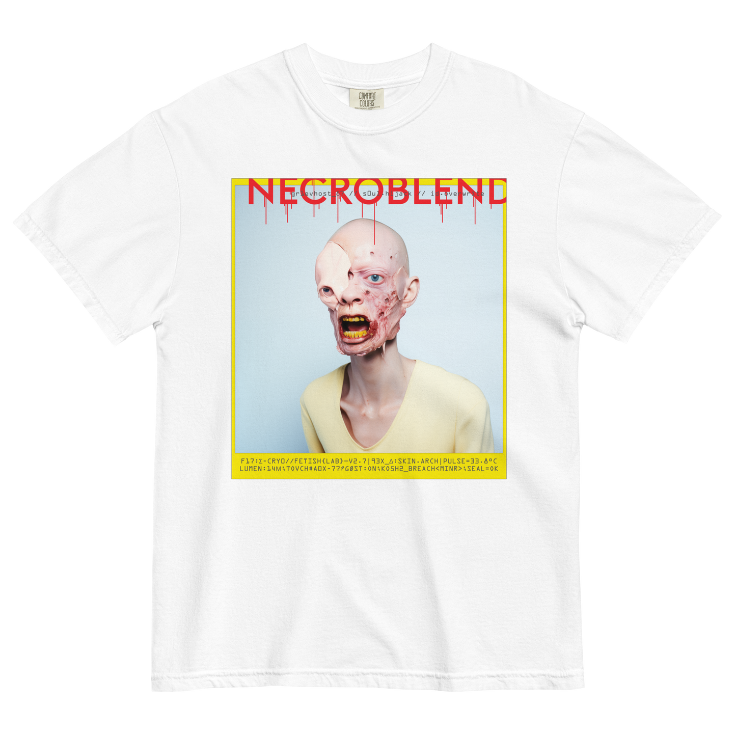 Heavyweight unisex glitch preacher shirt by NECROBLEND — GR1EVHOST from Synthetic Prophets, front view in white.