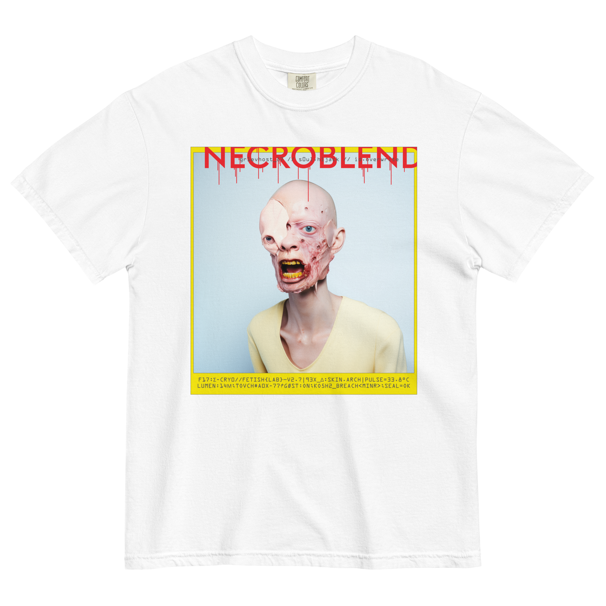 Heavyweight unisex glitch preacher shirt by NECROBLEND — GR1EVHOST from Synthetic Prophets, front view in white.