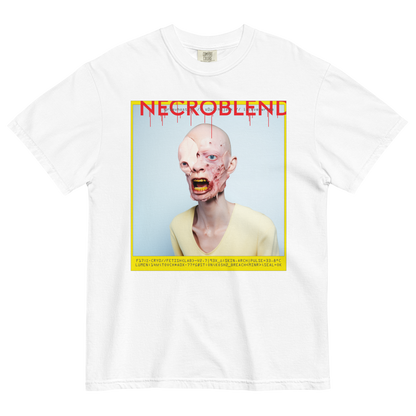 Heavyweight unisex glitch preacher shirt by NECROBLEND — GR1EVHOST from Synthetic Prophets, front view in white.