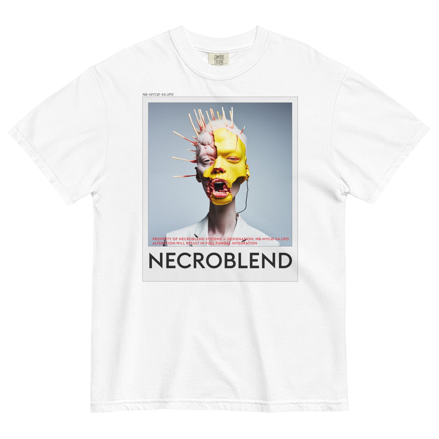 Heavyweight unisex glitch prophet shirt by NECROBLEND — NB-MYCØ-54.UPD from Bio Prayers, front view in white.