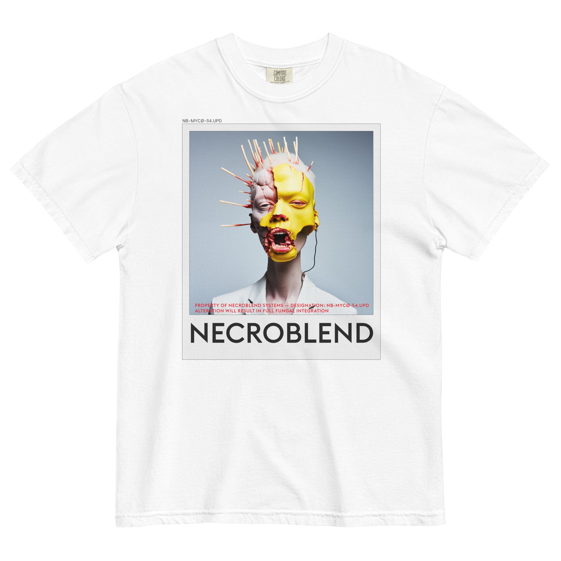 Heavyweight unisex glitch prophet shirt by NECROBLEND — NB-MYCØ-54.UPD from Bio Prayers, front view in white.
