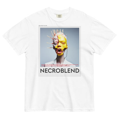Heavyweight unisex glitch prophet shirt by NECROBLEND — NB-MYCØ-54.UPD from Bio Prayers, front view in white.