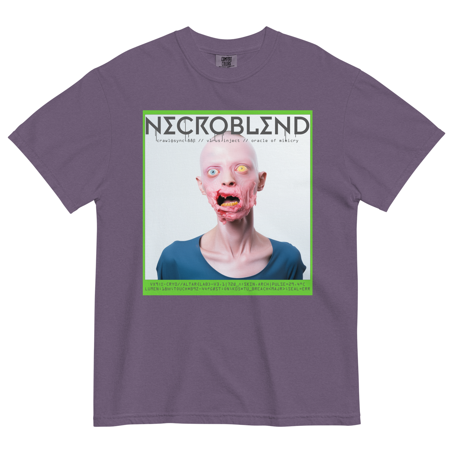 Glitch prophet tee by NECROBLEND — CRAWLΦSYNC from Synthetic Prophets, front view in purple.