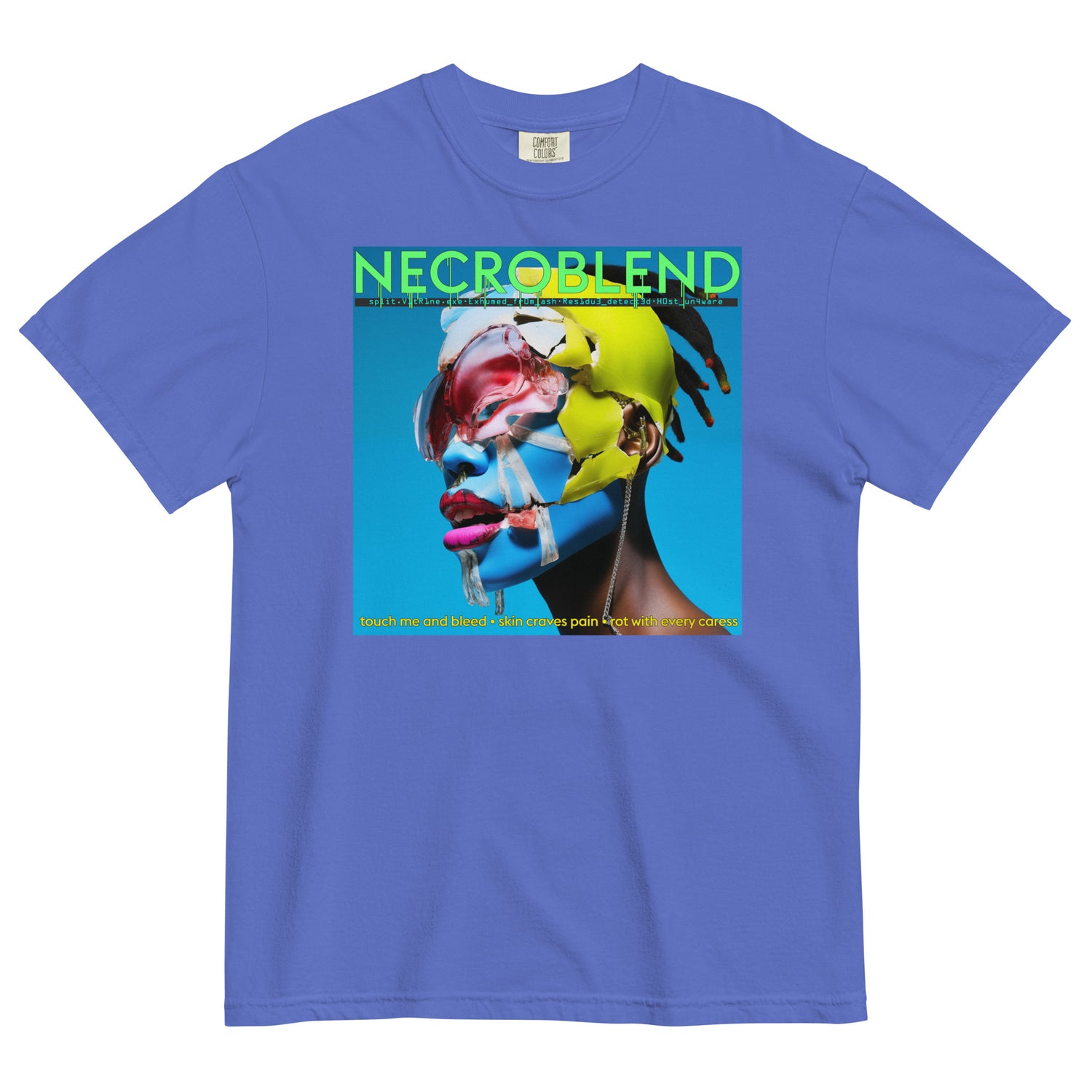 Heavyweight unisex glitch seraph tee by NECROBLEND — split.vt1R1ne.exe from Fallen Angels, front view in blue spruce.
