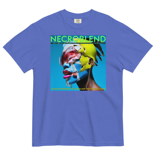 Heavyweight unisex glitch seraph tee by NECROBLEND — split.vt1R1ne.exe from Fallen Angels, front view in blue spruce.