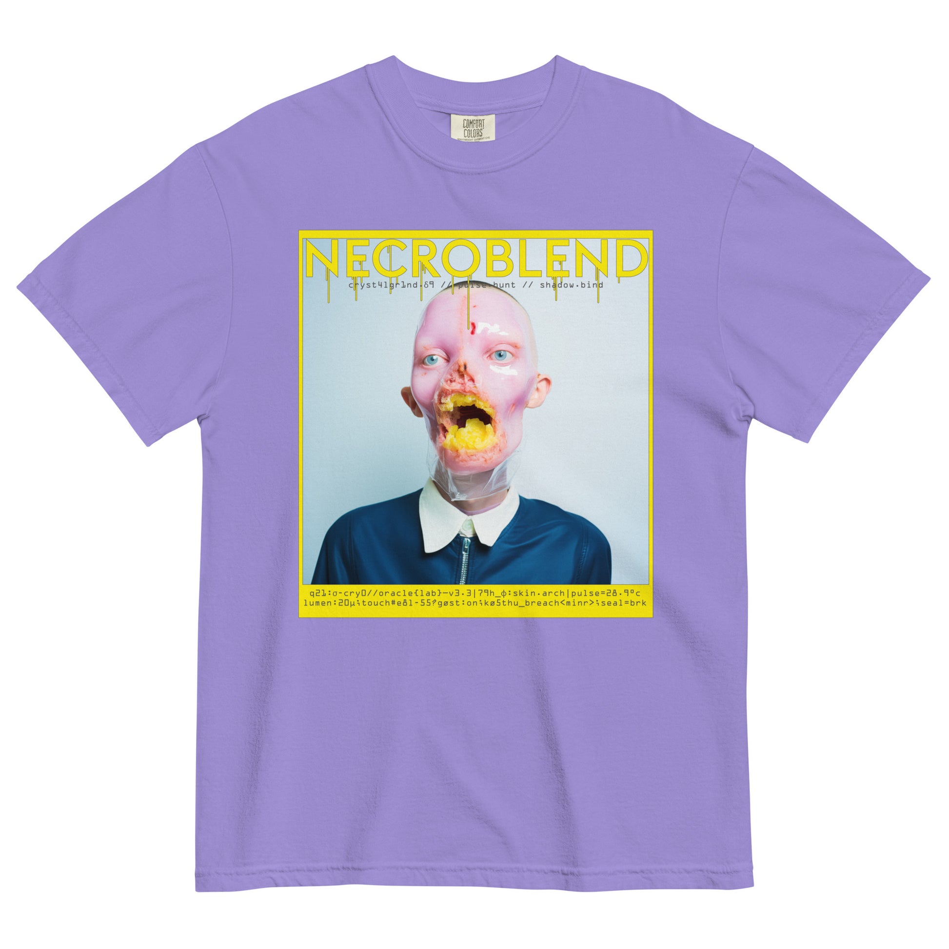 Unisex glitch vision tee by NECROBLEND — CRYST4LGR1ND from Synthetic Prophets, front view in purple.