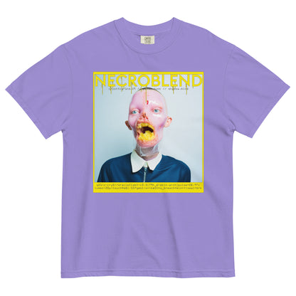 Unisex glitch vision tee by NECROBLEND — CRYST4LGR1ND from Synthetic Prophets, front view in purple.
