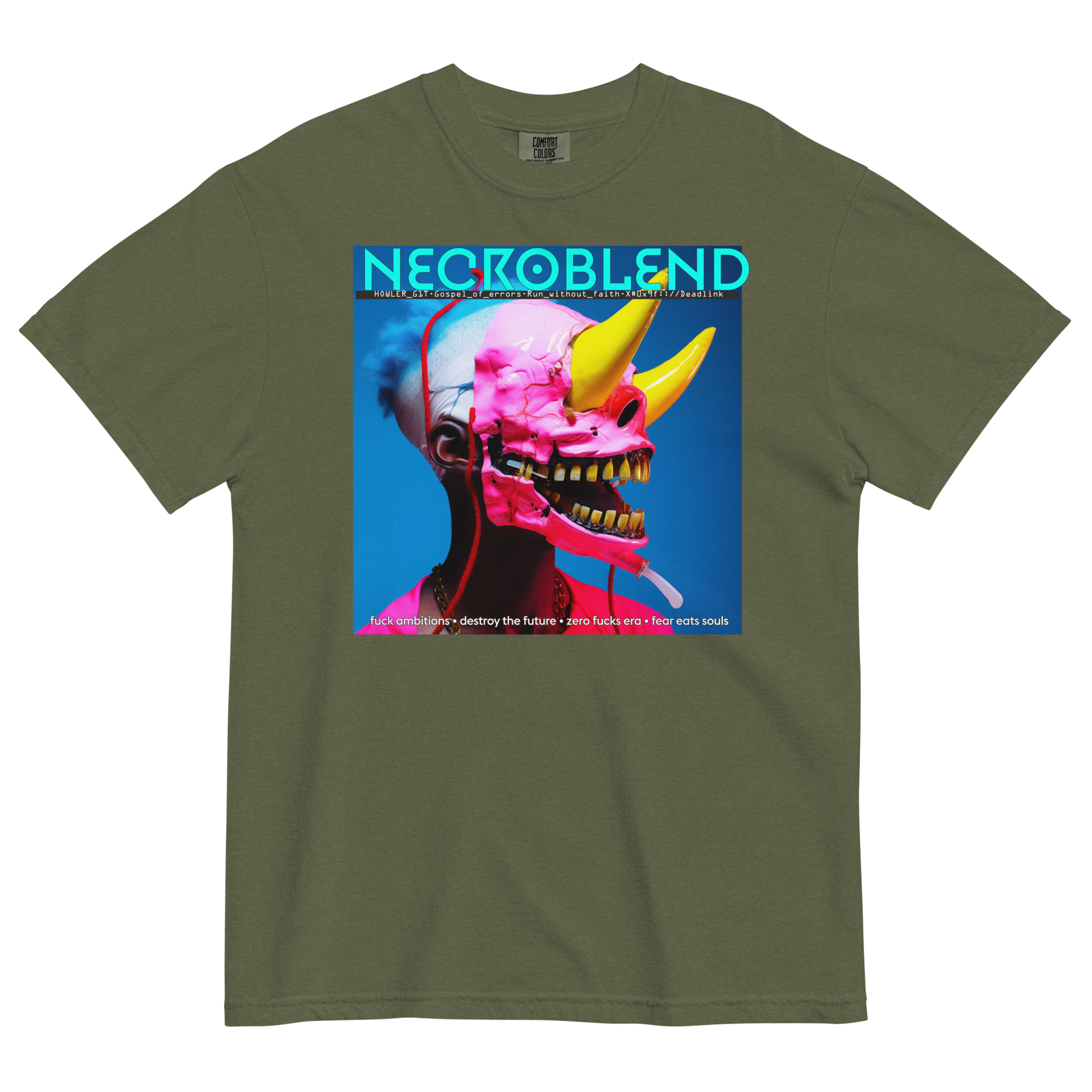 Heavyweight unisex glitched choir shirt by NECROBLEND — hoWL3r_b1t from Fallen Angels, front view in olive.