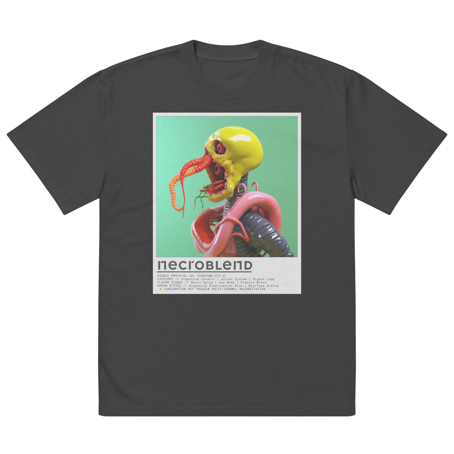 Glitchwear horror tee by NECROBLEND — CH3WTUBE from Kitchen Mutants, front view in black