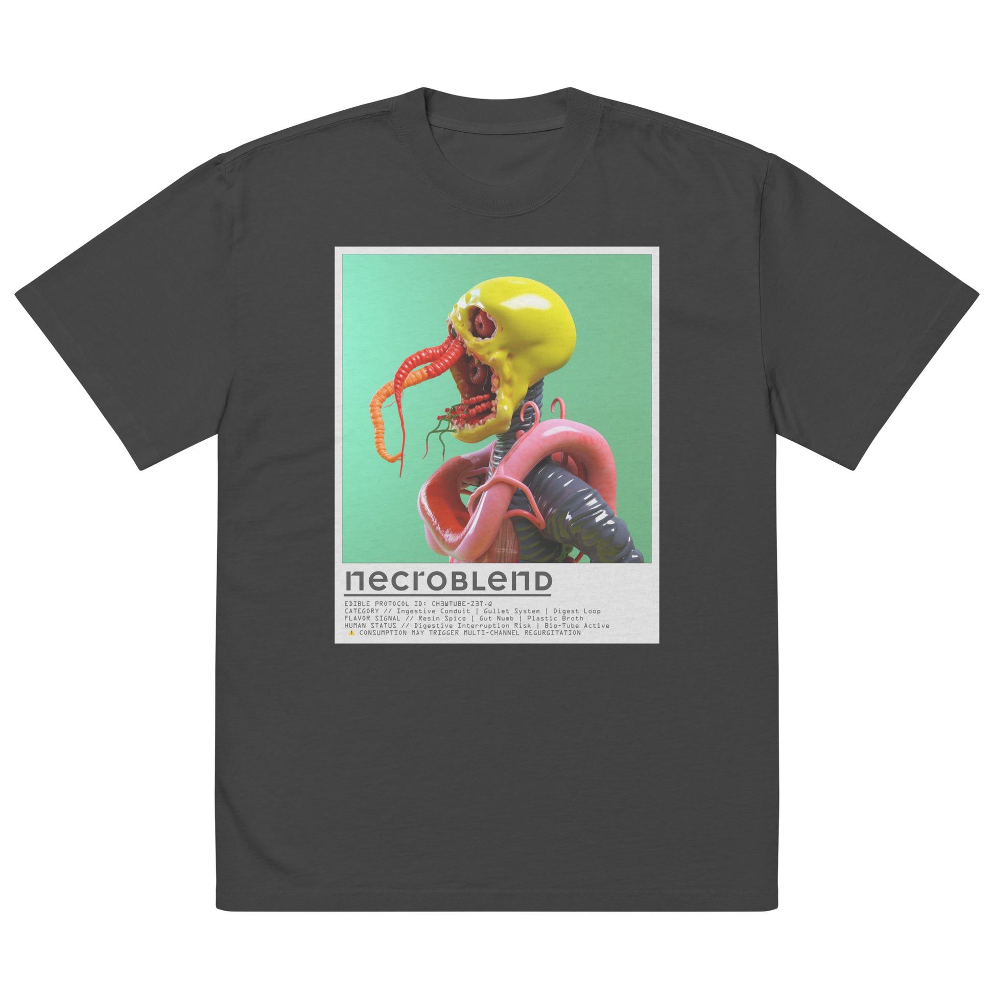 Glitchwear horror tee by NECROBLEND — CH3WTUBE from Kitchen Mutants, front view in black