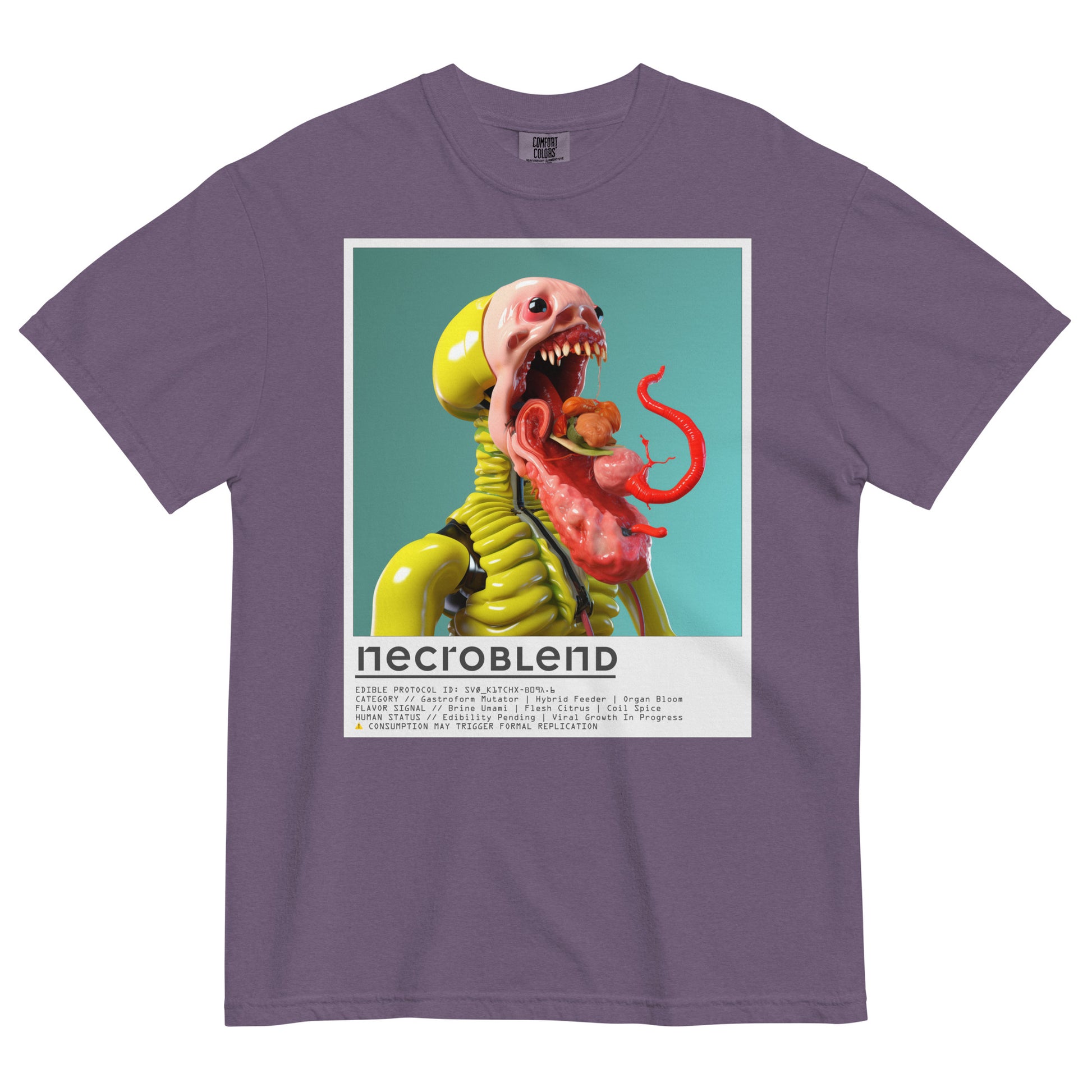 Glitchwear mutant tee by NECROBLEND — SVØ_K1TCHX from Kitchen Mutants, flatlay in purple