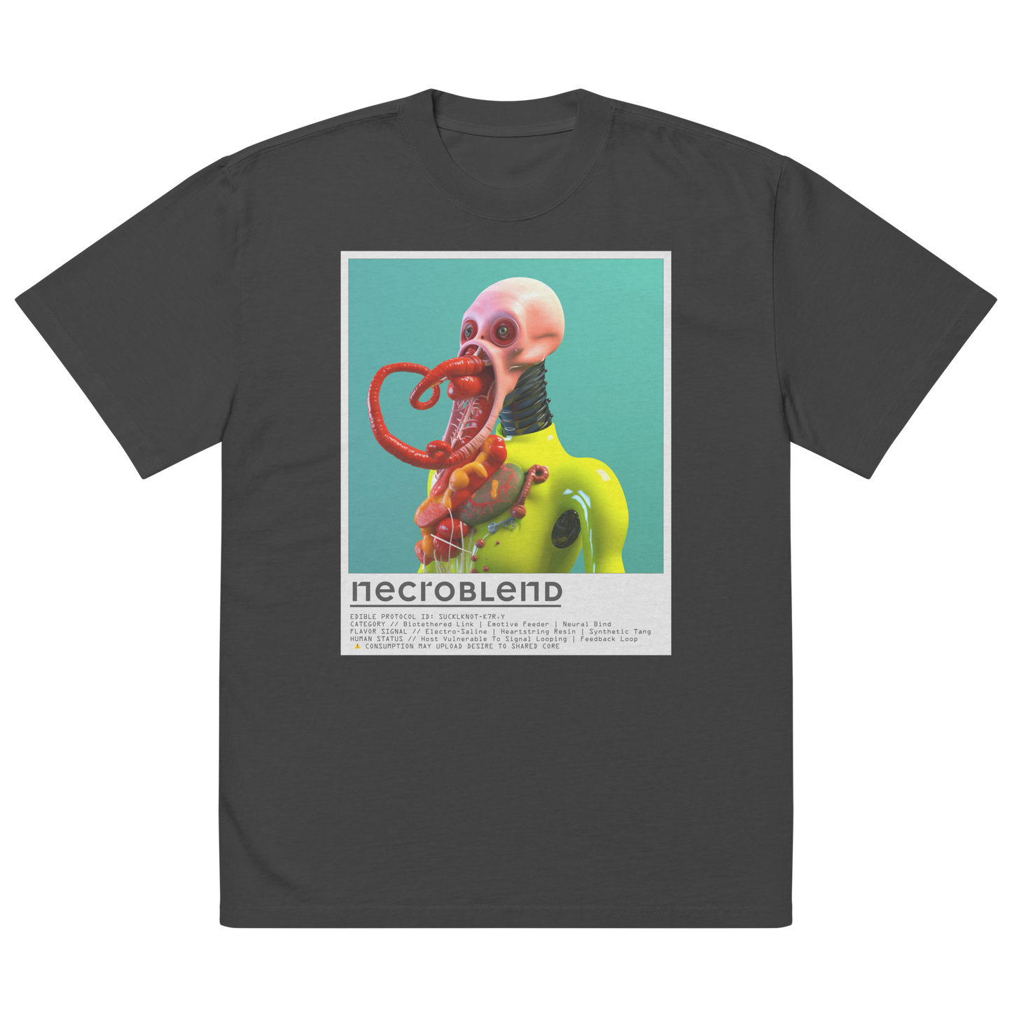 Horror fashion tee by NECROBLEND — SUCKLKNOT from Kitchen Mutants, front view in black