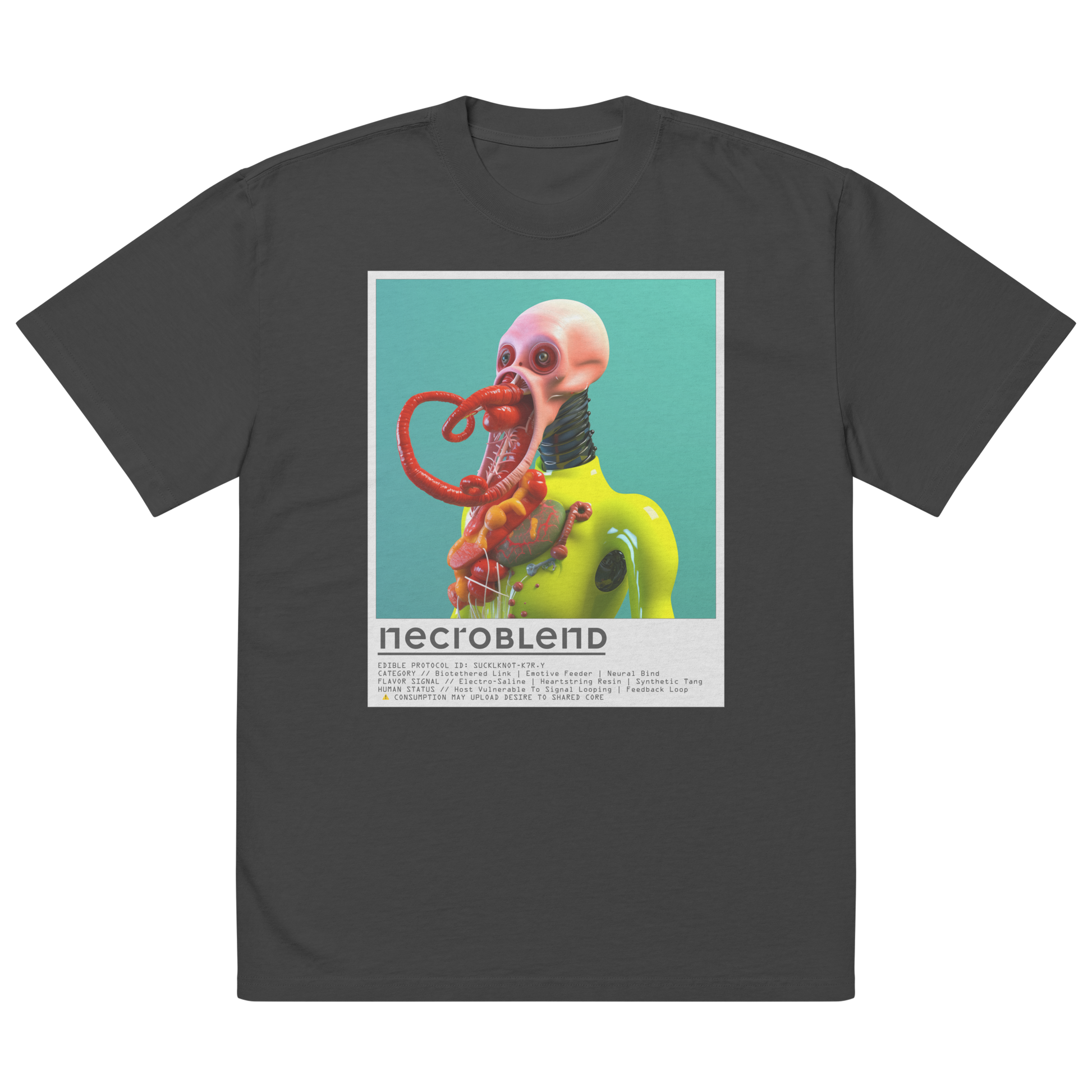 Horror fashion tee by NECROBLEND — SUCKLKNOT from Kitchen Mutants, front view in black