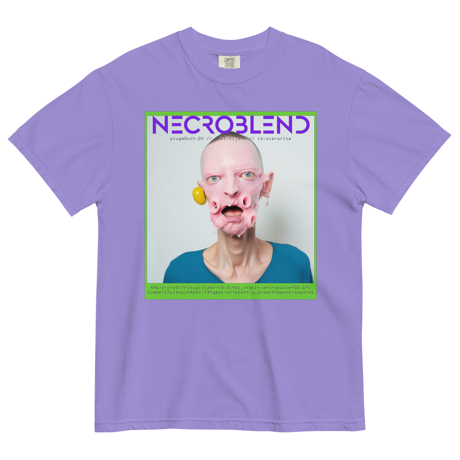 Horror mutant tee by NECROBLEND — PLUGMOUTH from Synthetic Prophets, front view in purple