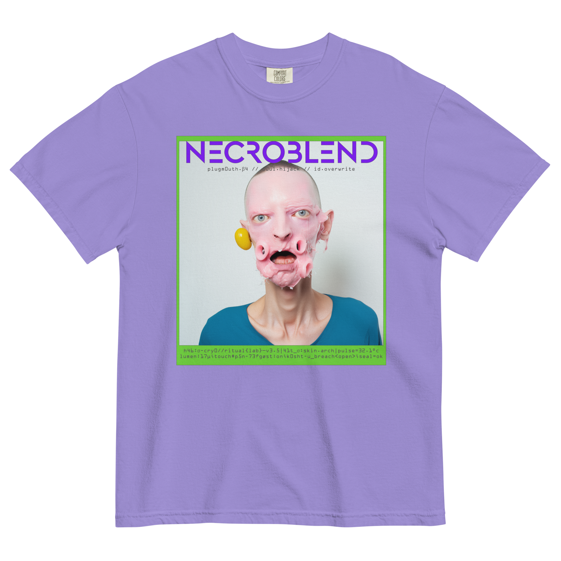 Horror mutant tee by NECROBLEND — PLUGMOUTH from Synthetic Prophets, front view in purple