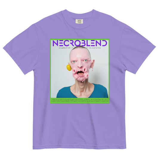 Horror mutant tee by NECROBLEND — PLUGMOUTH from Synthetic Prophets, front view in purple