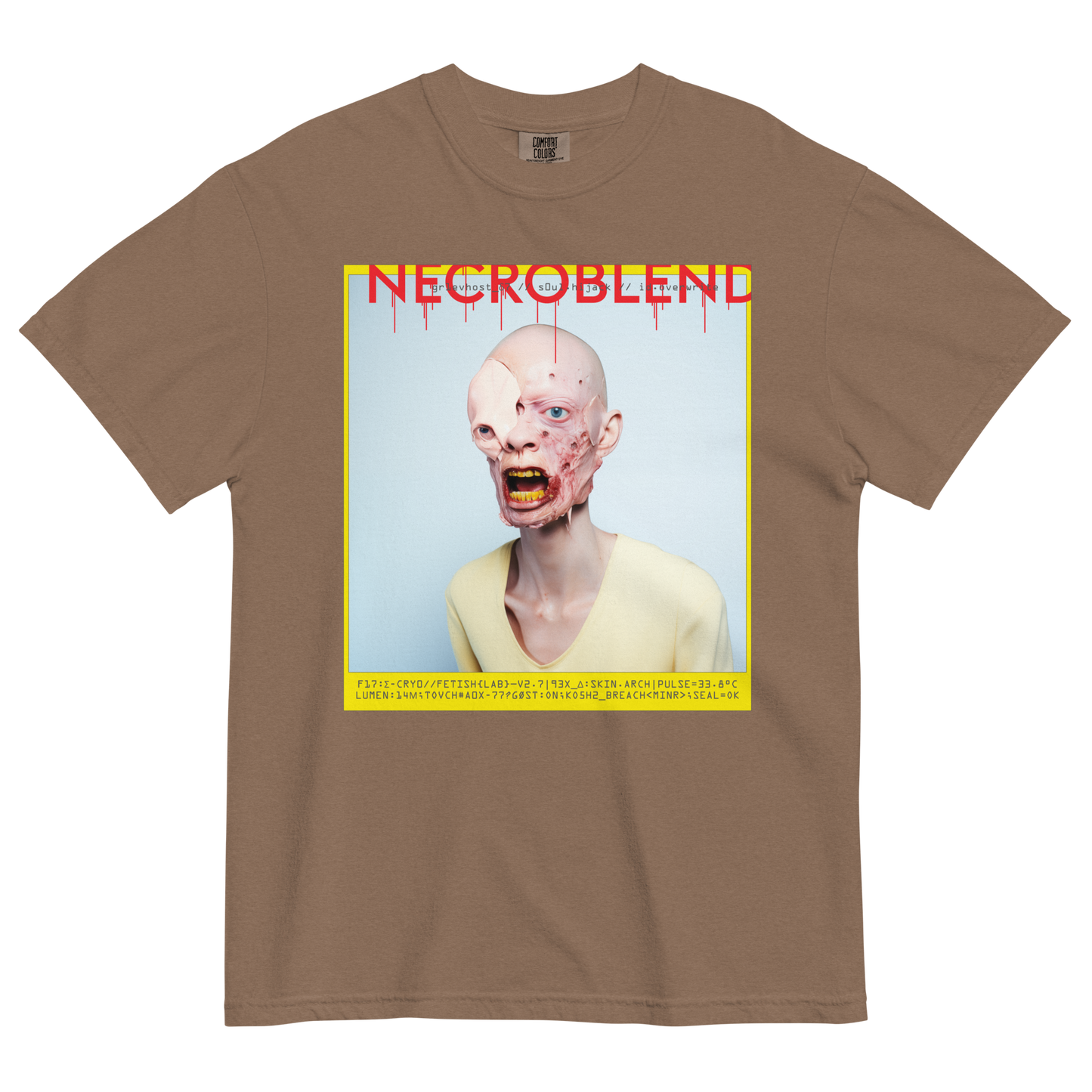 Heavyweight unisex identity horror tee by NECROBLEND — GR1EVHOST from Synthetic Prophets, front view in brown.