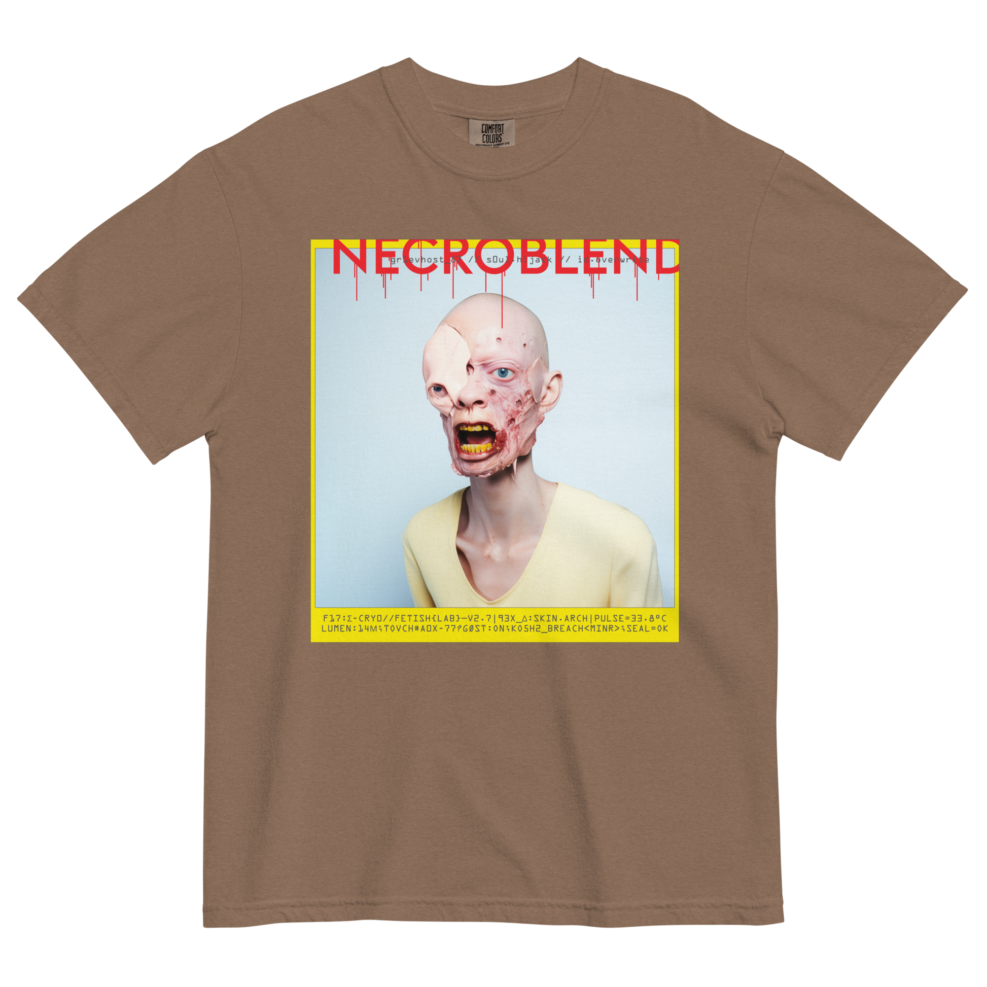 Heavyweight unisex identity horror tee by NECROBLEND — GR1EVHOST from Synthetic Prophets, front view in brown.