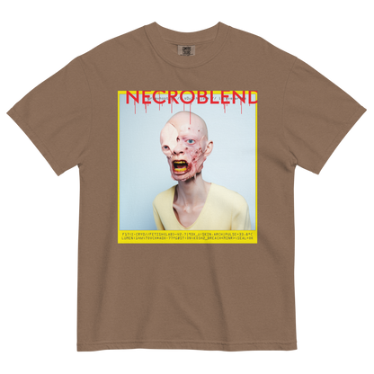 Heavyweight unisex identity horror tee by NECROBLEND — GR1EVHOST from Synthetic Prophets, front view in brown.