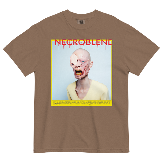 Heavyweight unisex identity horror tee by NECROBLEND — GR1EVHOST from Synthetic Prophets, front view in brown.