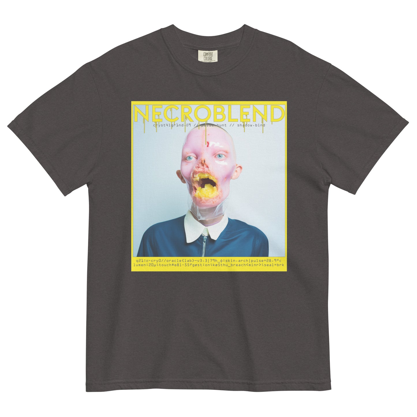 Unisex identity horror shirt by NECROBLEND — CRYST4LGR1ND from Synthetic Prophets, front view in coal.