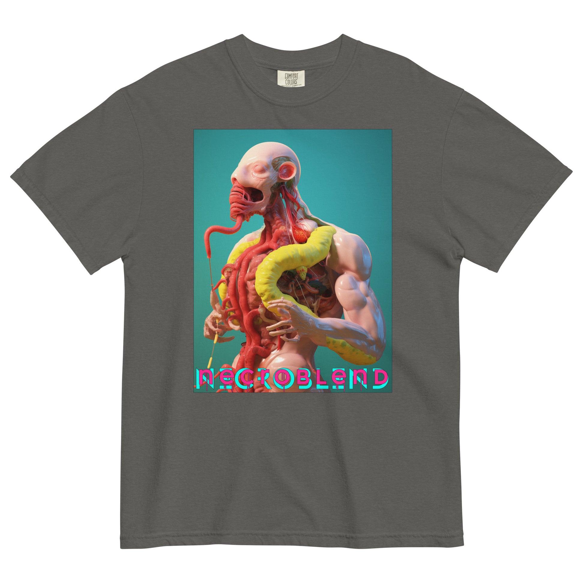 Heavyweight unisex meat idol tee by NECROBLEND — VIRETH CARNOMORPHAGH from The Culinary Sacrament, front view in graphite.