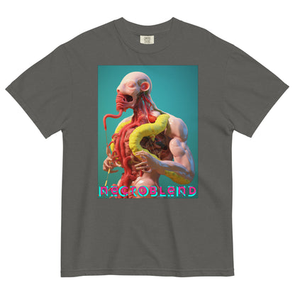 Heavyweight unisex meat idol tee by NECROBLEND — VIRETH CARNOMORPHAGH from The Culinary Sacrament, front view in graphite.