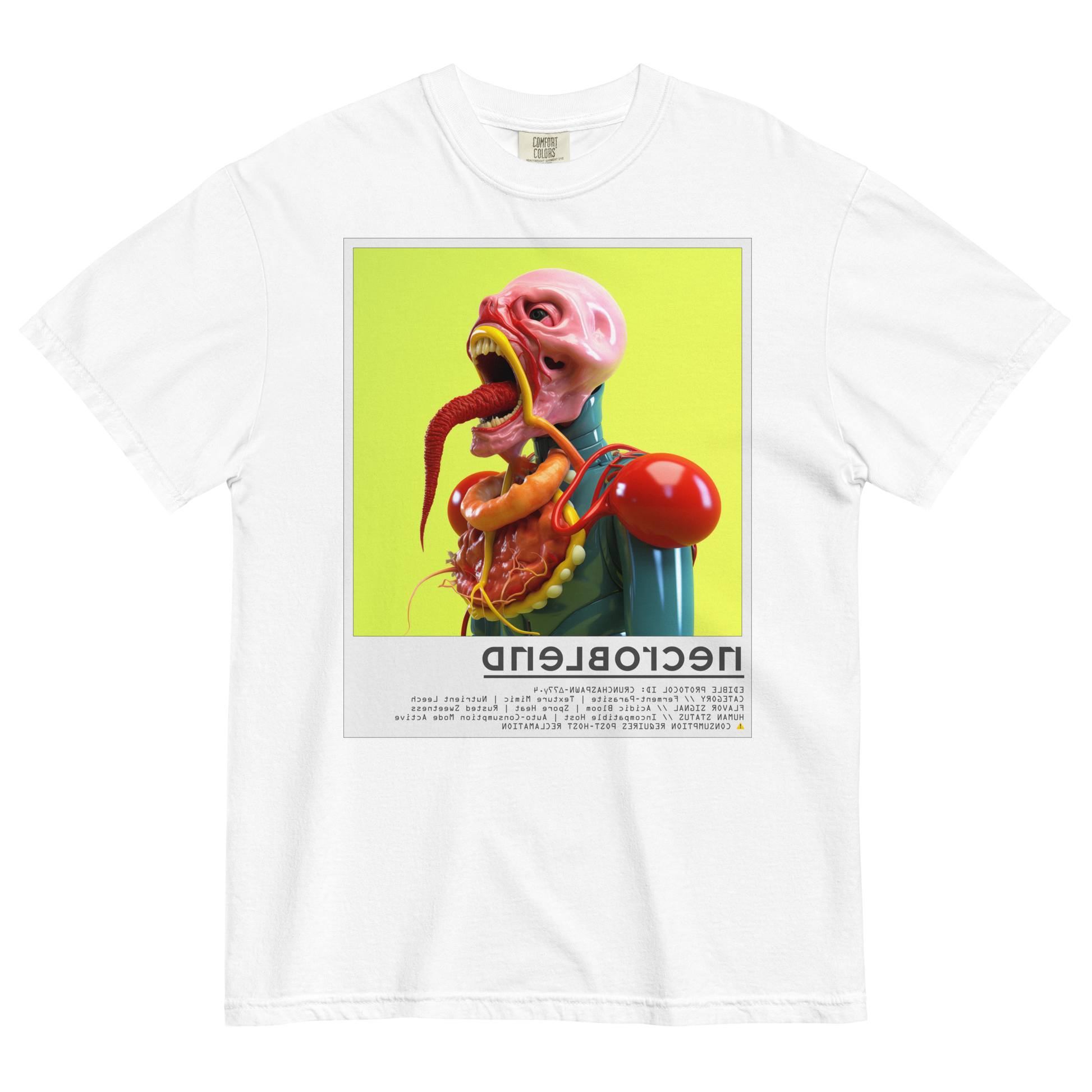 Mutant horror T-shirt by NECROBLEND — CRUNCHASPAWN from Kitchen Mutants, front view in white