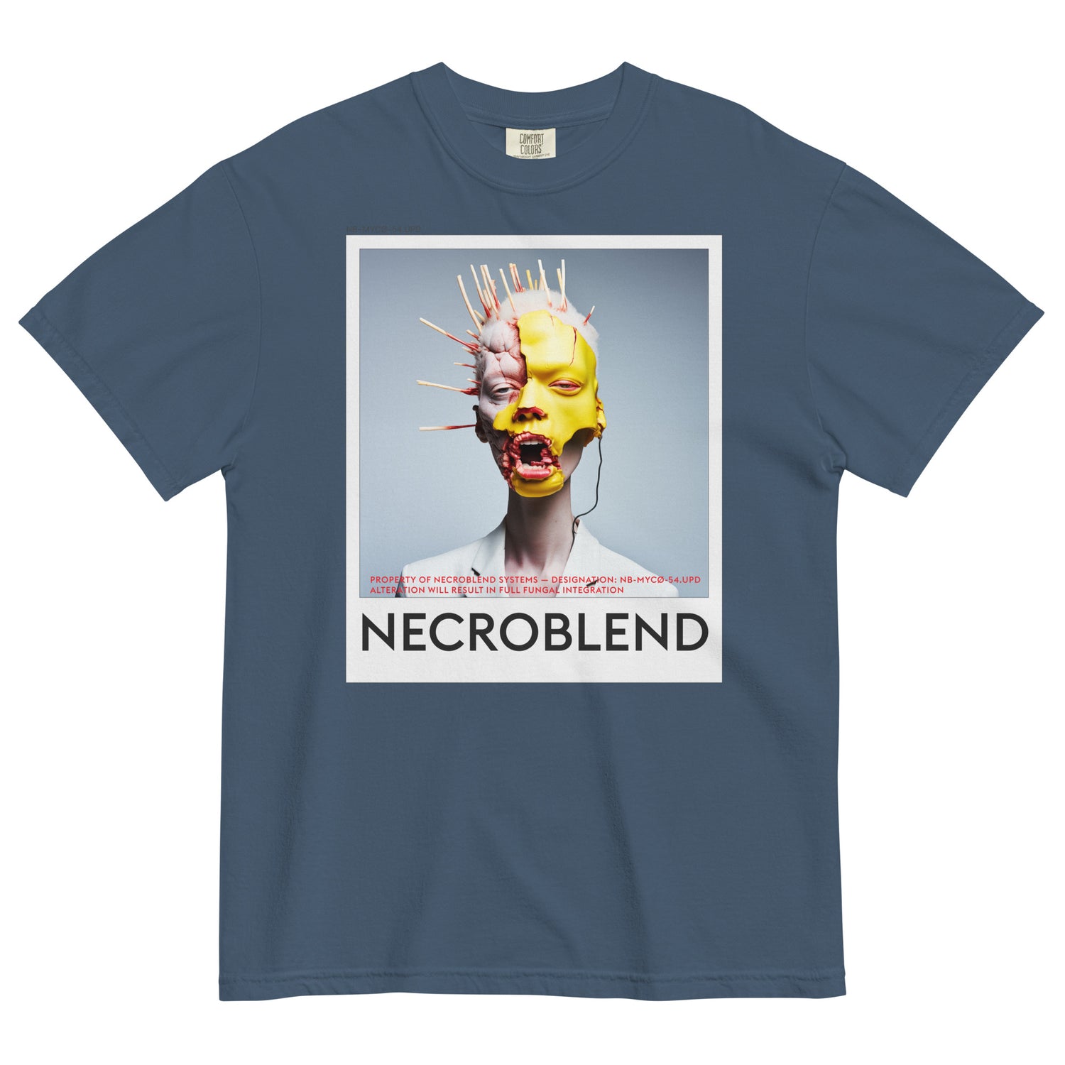 Heavyweight unisex mutant prayer tee by NECROBLEND — NB-MYCØ-54.UPD from Bio Prayers, front view in indigo.