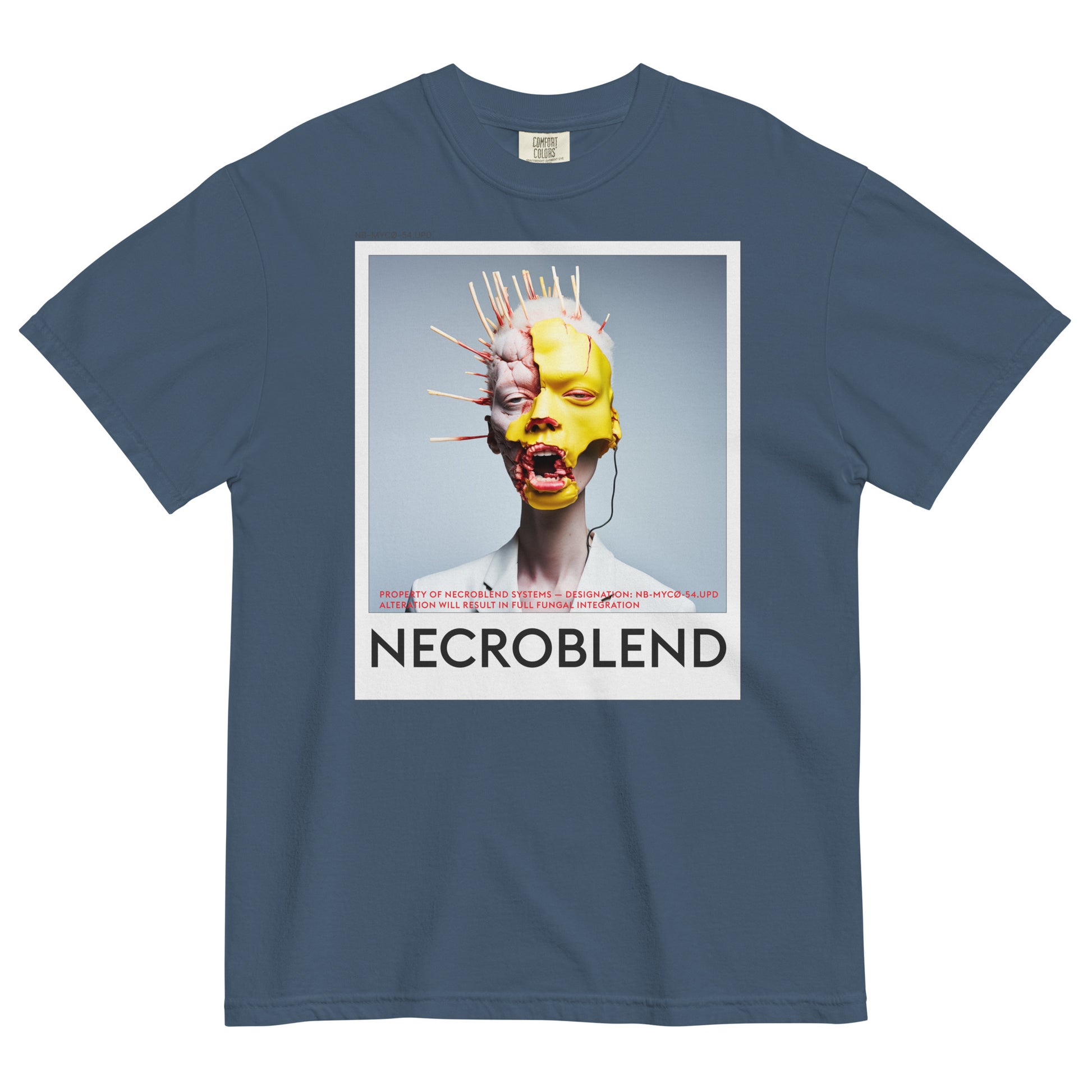 Heavyweight unisex mutant prayer tee by NECROBLEND — NB-MYCØ-54.UPD from Bio Prayers, front view in indigo.