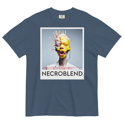 Heavyweight unisex mutant prayer tee by NECROBLEND — NB-MYCØ-54.UPD from Bio Prayers, front view in indigo.