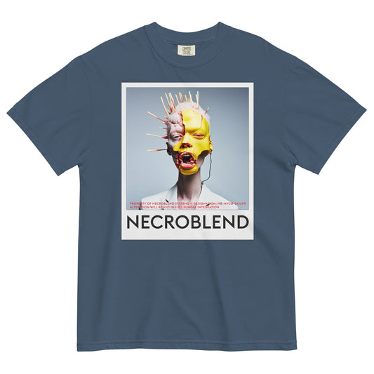 Heavyweight unisex mutant prayer tee by NECROBLEND — NB-MYCØ-54.UPD from Bio Prayers, front view in indigo.