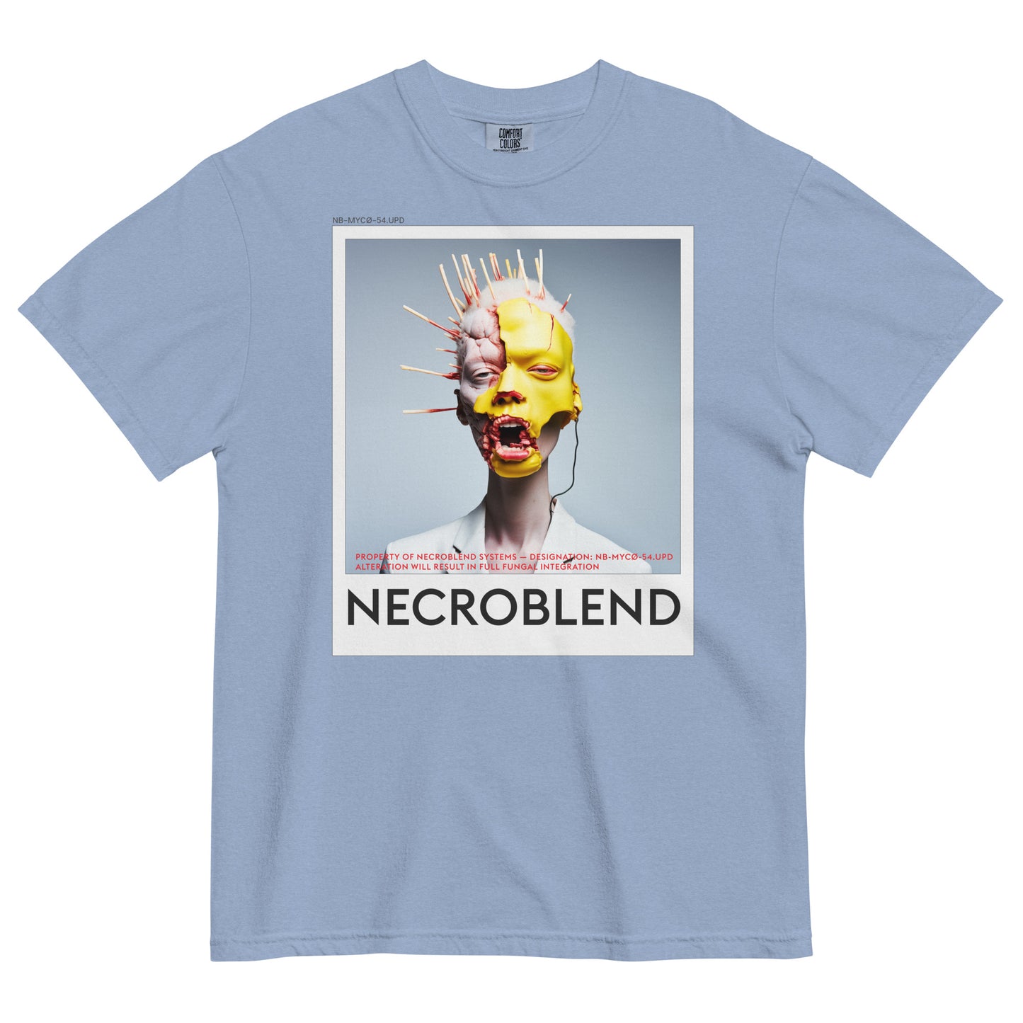Heavyweight unisex neurocult horror shirt by NECROBLEND — NB-MYCØ-54.UPD from Bio Prayers, front view in light blue.