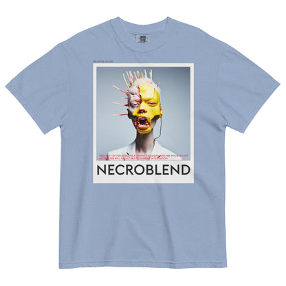Heavyweight unisex neurocult horror shirt by NECROBLEND — NB-MYCØ-54.UPD from Bio Prayers, front view in light blue.