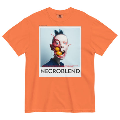 Heavyweight unisex organic glitch tee by NECROBLEND — NB-VISC-77.OVR from Bio Prayers, front view in orange.