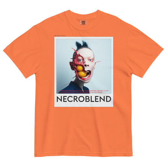 Heavyweight unisex organic glitch tee by NECROBLEND — NB-VISC-77.OVR from Bio Prayers, front view in orange.