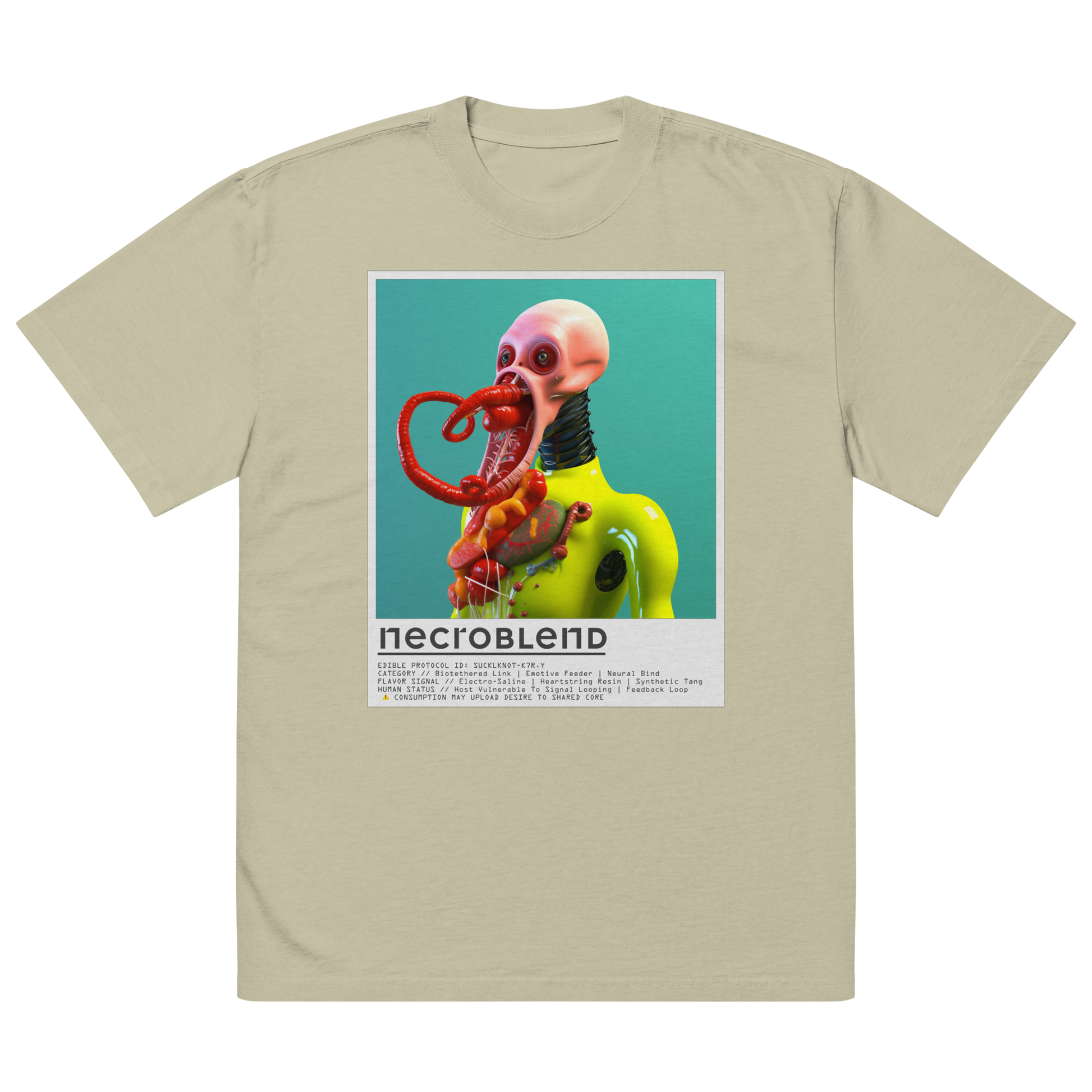 Oversized art shirt by NECROBLEND — SUCKLKNOT from Kitchen Mutants, front view in eucalyptus