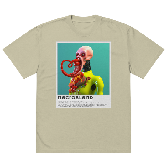 Oversized art shirt by NECROBLEND — SUCKLKNOT from Kitchen Mutants, front view in eucalyptus